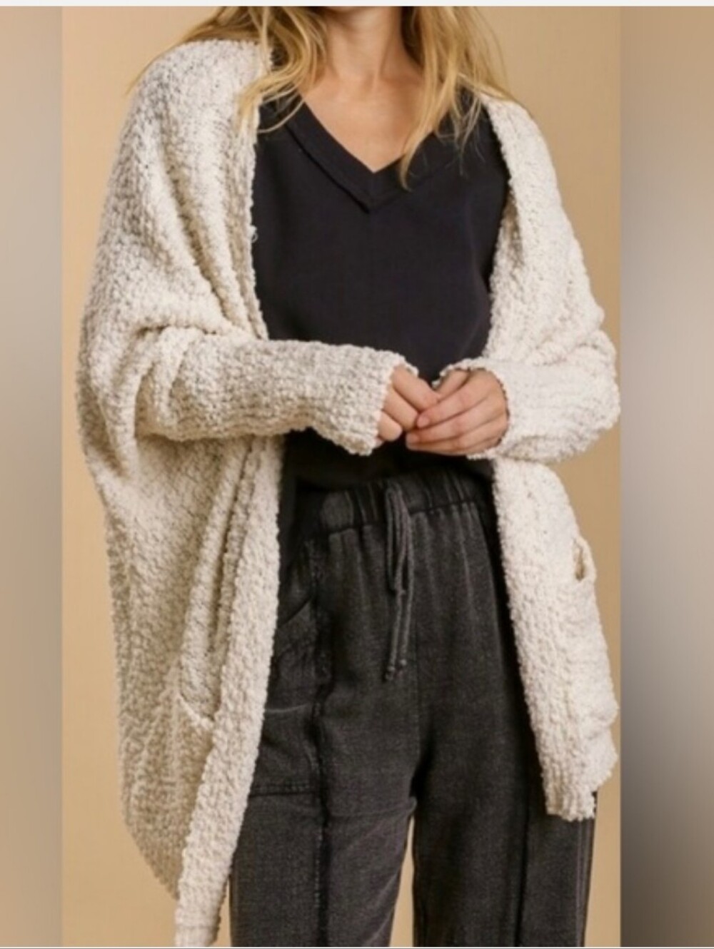 Umgee Cardigan Large Cream Popcorn Knit Oversized Open Boyfriend Dolman Sleeve